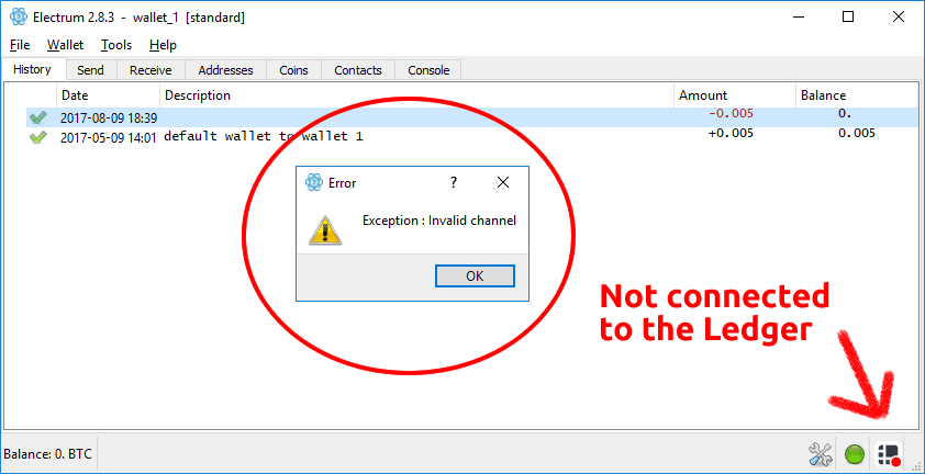 Error Exception Invalid Channel Screenshot for Electrum with Ledger Nano S